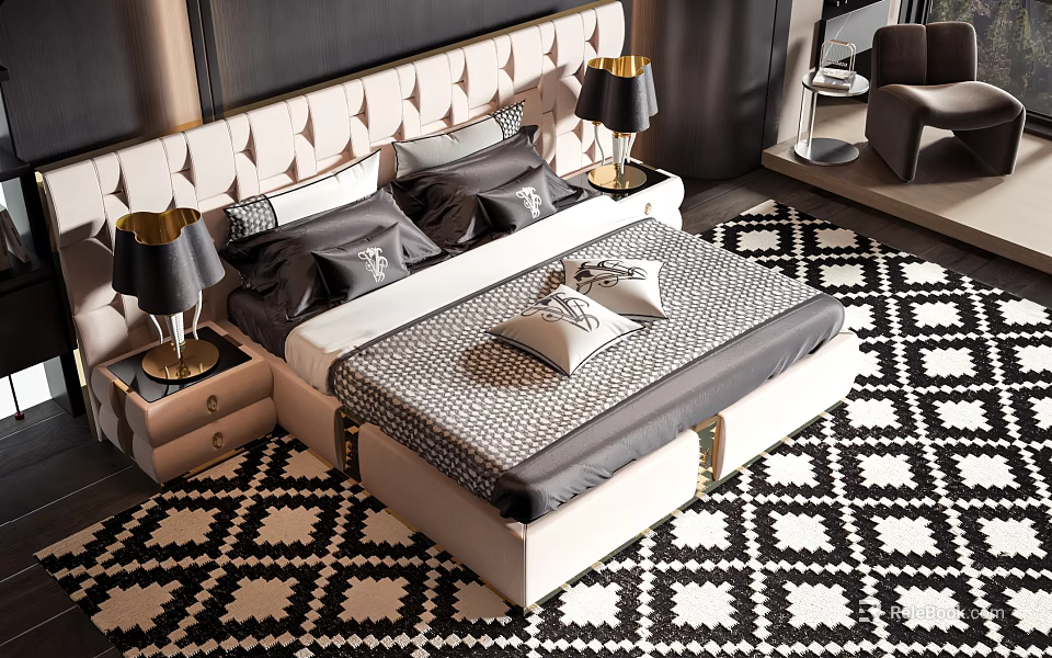 Double Bed With Upholstered Headboard Gold Trim Gray Black Pillows Geometric Bedspread Side Tables And Lamps 3d model 