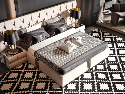 Double Bed With Upholstered Headboard Gold Trim Gray Black Pillows Geometric Bedspread Side Tables And Lamps 3d model