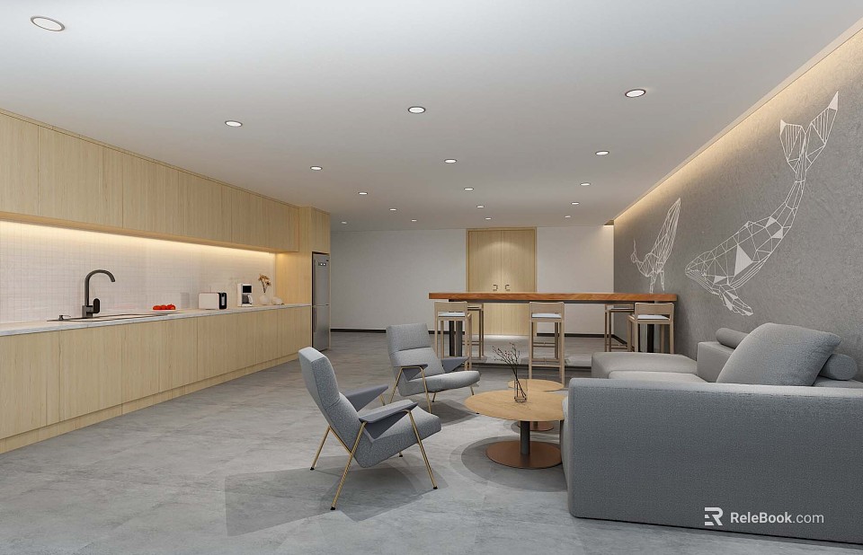 Modern Break Room Interior With Wooden Cabinets Bar Counter And Gray Sofa 3d model 