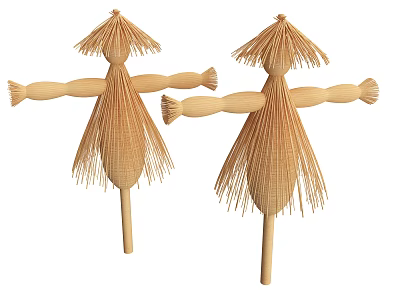 Set Of Two Handmade Straw Scarecrow Figurines With Hats And Wooden Poles 3d model