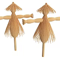 Set Of Two Handmade Straw Scarecrow Figurines With Hats And Wooden Poles