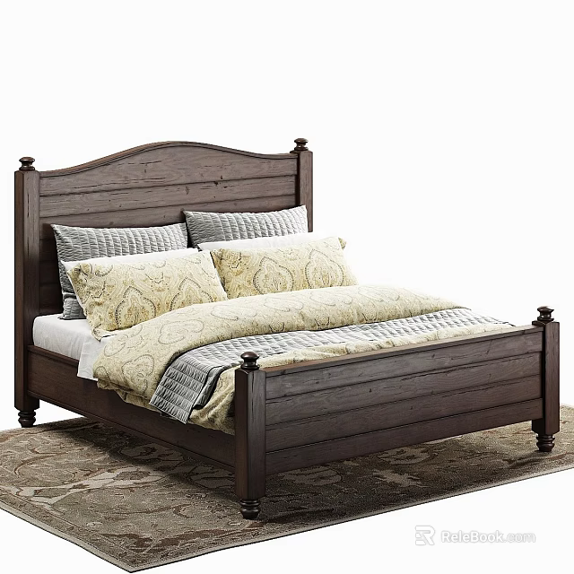 Dark Brown Wooden Double Bed With Decorative Bedposts Beige Gray Pillows And Cozy Linens 3d model 