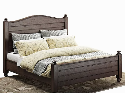 Dark Brown Wooden Double Bed With Decorative Bedposts Beige Gray Pillows And Cozy Linens 3d model
