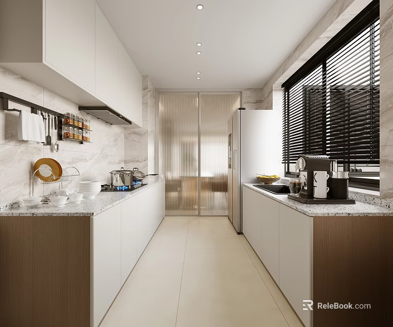 Modern Kitchen Interior Design With White Cabinets Marble Countertops Blinds And Appliances 3d model 
