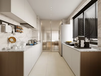 Modern Kitchen Interior Design With White Cabinets Marble Countertops Blinds And Appliances 3d model