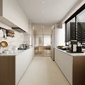 Modern Kitchen Interior Design With White Cabinets Marble Countertops Blinds And Appliances