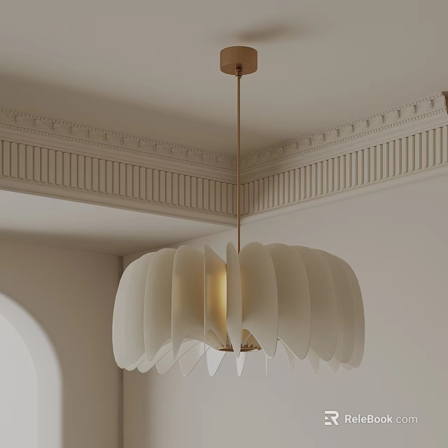 Elegant White Petal Shaped Chandelier in Home Interior with Decorative Ceiling Molding 3d model 