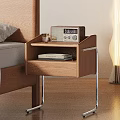 Wooden Bedside Table with Radio Glass and Books in Drawer and Metal Legs