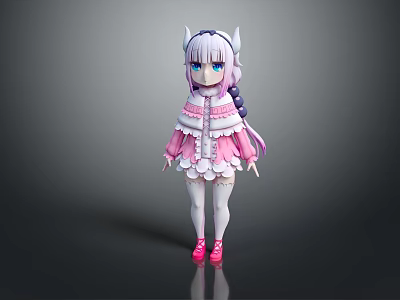 Anime Horned Character With Purple Braided Hair And Pink White Outfit 3d model