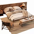 Cozy Double Bed with Wooden Headboard Pillows Blanket Bedside Tables Lamp Rug Chair Coffee Table