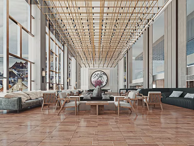 Elegant Modern Sales Office Lobby With Wooden Ceiling Sofas Coffee Tables Floor to Ceiling Windows 3d model