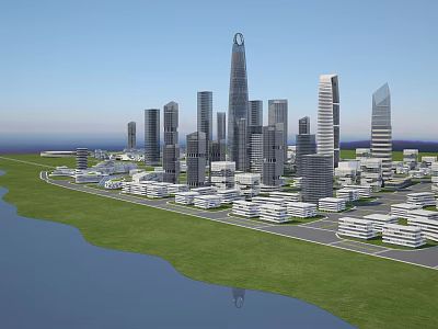 Modern Urban Cityscape with High Rise Buildings Waterfront and Green Spaces 3d model