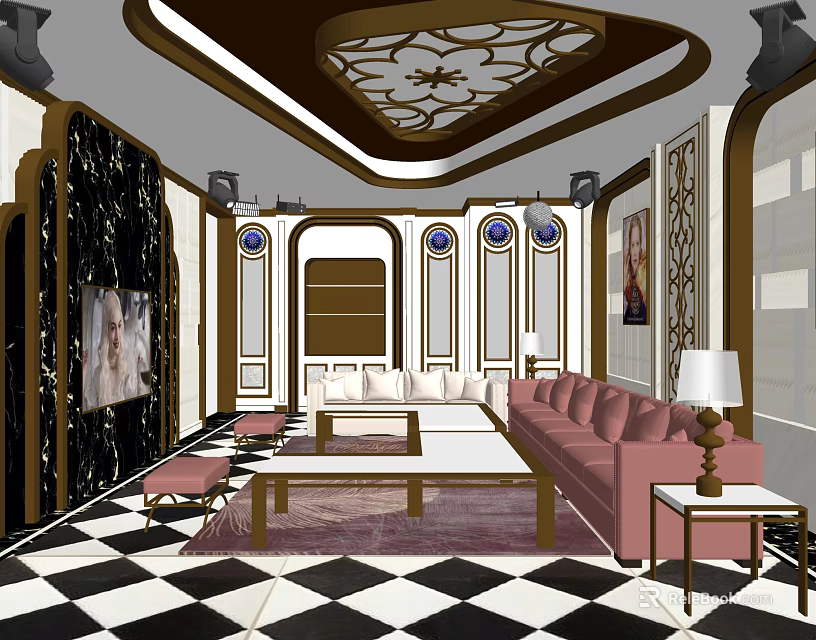 Elegant KTV Lounge Interior with Pink Sofa Black White Checkered Floor and Ornate Ceiling 3d model 
