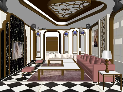 Elegant KTV Lounge Interior with Pink Sofa Black White Checkered Floor and Ornate Ceiling 3d model
