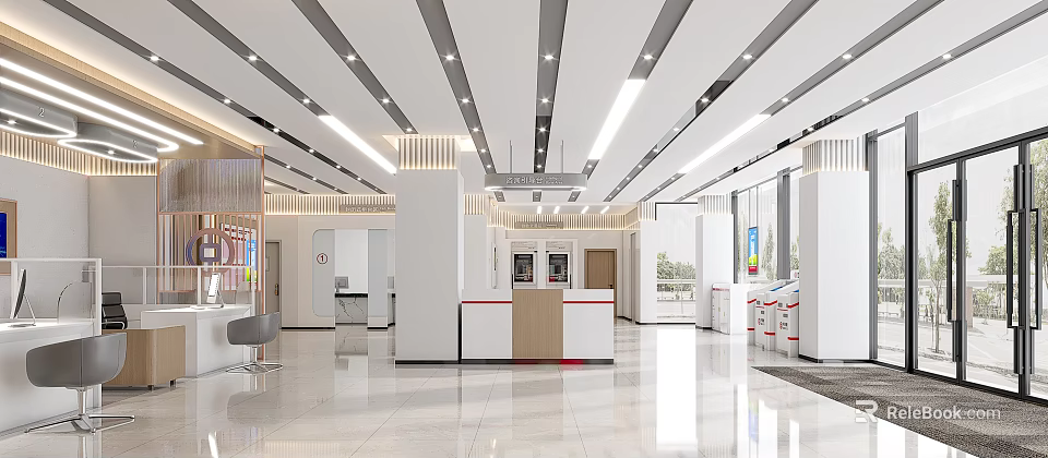 Modern Hotel Lobby Interior With Bright Lighting And Reception Desk Design 3d model 