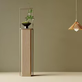 Wooden Flower Stand With Metal Frame Holding Green Plant And Hanging Lamp Against Light Brown Wall