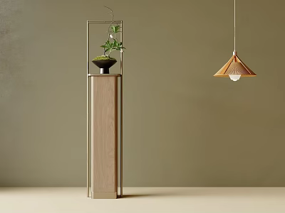 Wooden Flower Stand With Metal Frame Holding Green Plant And Hanging Lamp Against Light Brown Wall 3d model