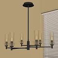 Modern Chandelier With Glass Shades Lit Bulbs And Warm Light By Window Blinds
