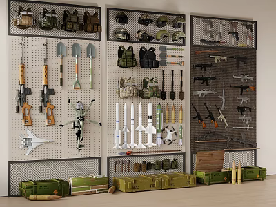 Comprehensive Military Gear Display Featuring Wall Mounted Tools Weapons Helmets And Storage Crates 3d model