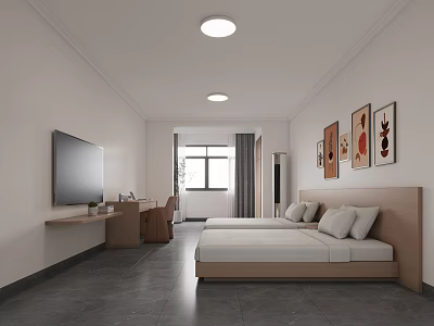 Modern Twin Room Interior With Two Beds Wooden Headboard White Pillows TV And Decorative Paintings 3d model