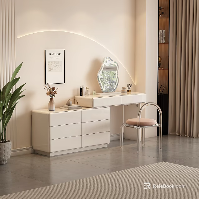 White Modern Dressing Table With Drawers Mirror Chair Green Plant And Ambient Lighting 3d model 