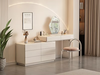 White Modern Dressing Table With Drawers Mirror Chair Green Plant And Ambient Lighting 3d model