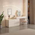 White Modern Dressing Table With Drawers Mirror Chair Green Plant And Ambient Lighting