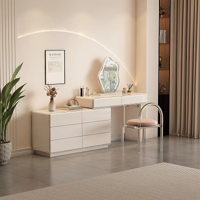 White Modern Dressing Table With Drawers Mirror Chair Green Plant And Ambient Lighting 3d model