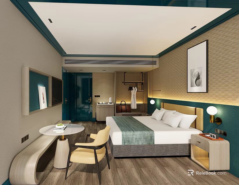 Modern Hotel Room Interior With Green Accent Wall Comfortable Bed And Wooden Flooring 3d model 