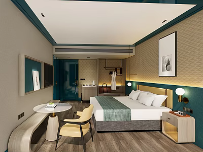 Modern Hotel Room Interior With Green Accent Wall Comfortable Bed And Wooden Flooring 3d model