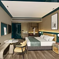 Modern Hotel Room Interior With Green Accent Wall Comfortable Bed And Wooden Flooring