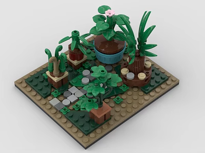 Building Blocks Crafted Miniature Garden with Potted Plants Green Foliage and Decorative Baseplate Design 3d model