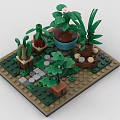 Building Blocks Crafted Miniature Garden with Potted Plants Green Foliage and Decorative Baseplate Design