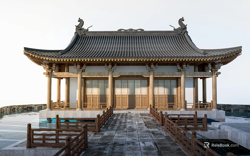Traditional Chinese Ancient Architecture with Curved Eaves Dragon Ornaments Wooden Doors Stone Pathway and Pool 3d model 