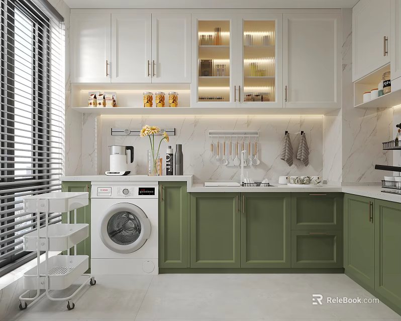 Modern Kitchen Interior With White Green Cabinets Marble Countertops Blinds And White Washing Machine 3d model 