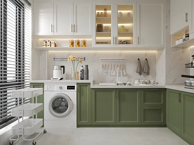 Modern Kitchen Interior With White Green Cabinets Marble Countertops Blinds And White Washing Machine 3d model