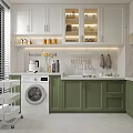 Modern Kitchen Interior With White Green Cabinets Marble Countertops Blinds And White Washing Machine