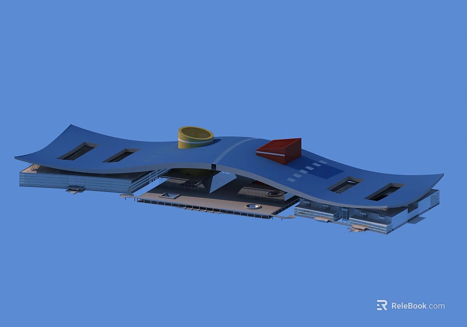 Modern Architectural 3D Model With Wavy Roof And Colored Structures On Top 3d model
