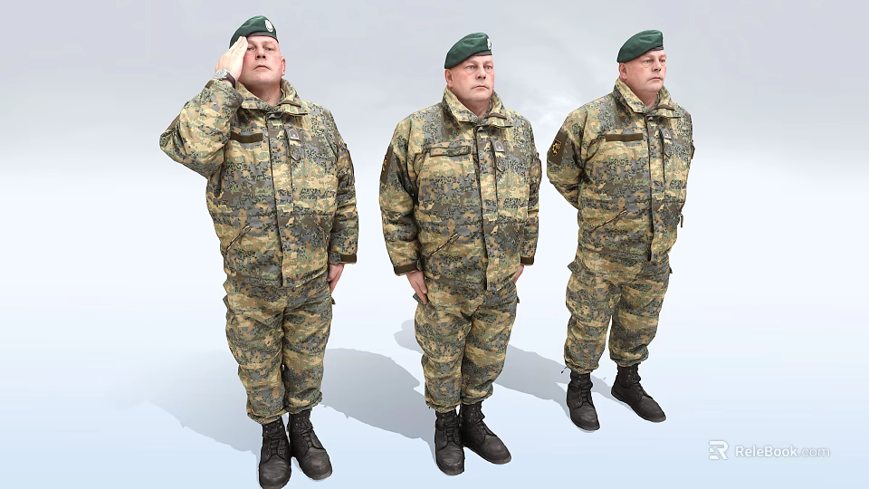 Three Men In Military Camouflage Uniforms With Berets 3d model 