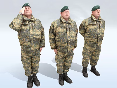 Three Men In Military Camouflage Uniforms With Berets 3d model