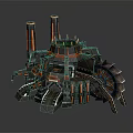 Futuristic Architecture with Multiple Towers Orange and Black Accents Intricate Mechanical Structure