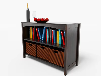 Dark Bookcase With Woven Drawers Colorful Books Wine Bottle Glass And Fruit Bowl On Top 3d model