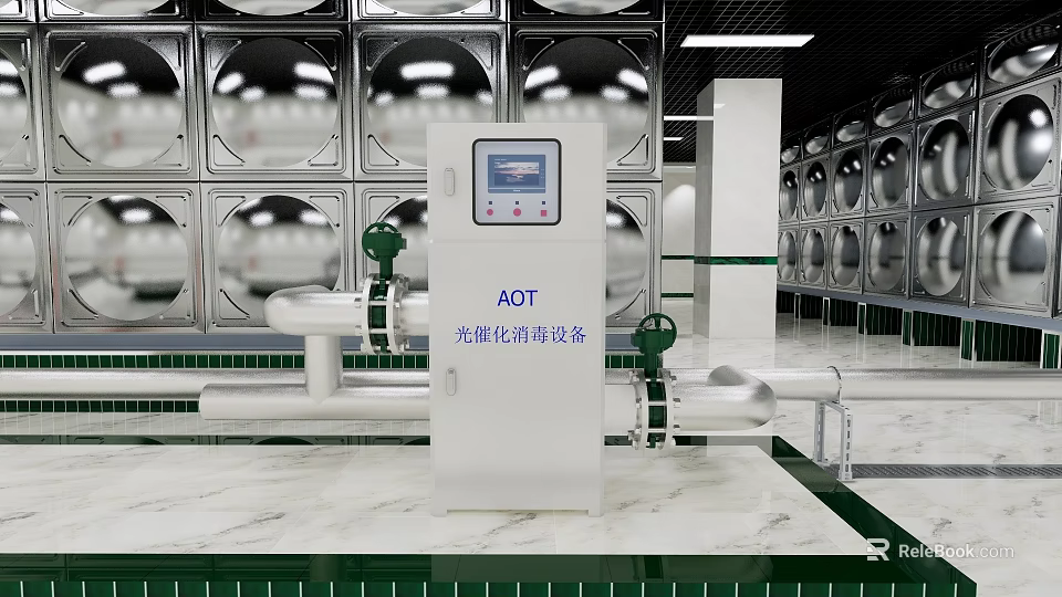 AOT Photocatalytic Disinfection Equipment in Facility with Metal Water Tanks and Pipes 3d model 