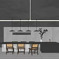 Modern Restaurant Kitchen Interior With Open Design Dining Table Chairs Pendant Lights And Sink