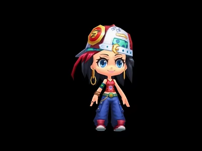 Cartoon Game Character Featuring Colorful Cap Big Blue Eyes Earrings Red Top And Blue Jeans 3d model