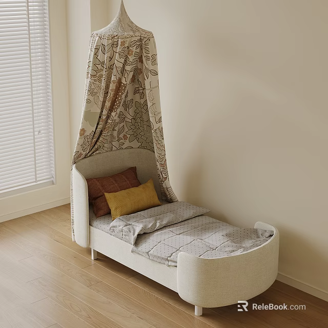 Kids Bed With Patterned Canopy Light Colored Design And Cozy Decorative Pillows 3d model 