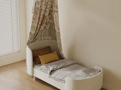 Kids Bed With Patterned Canopy Light Colored Design And Cozy Decorative Pillows 3d model