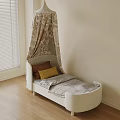 Kids Bed With Patterned Canopy Light Colored Design And Cozy Decorative Pillows