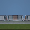 Industrial Factory Building Exterior With Orange White Stripes Large Glass Windows Grassland And Blue Sky