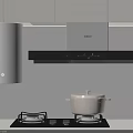 Modern Kitchen With White Range Hood Gas Stove Pot And Cabinets